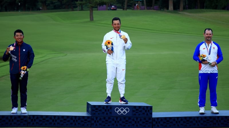 (L to R): CT Pan of Chinese Taipei, the USA's Xander Schauffele and Slovakian Rory Sabbatini