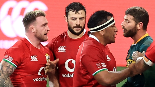 Stuart Hogg (far left) has words with Willie Le Roux