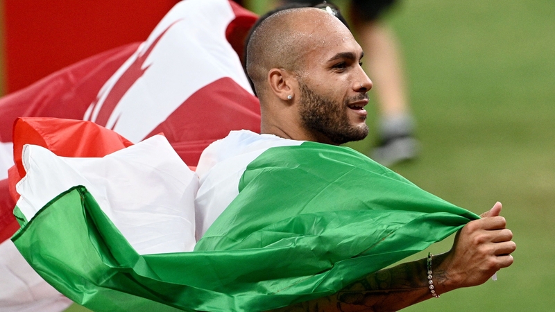 Italy's Lamont Marcell Jacobs celebrates his remarkable victory