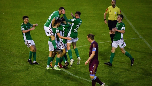 Cork City celebrating their third and final goal at Terryland tonight