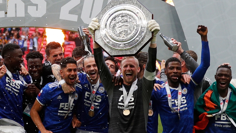 Kasper Schmeichel lifts the Community Shield