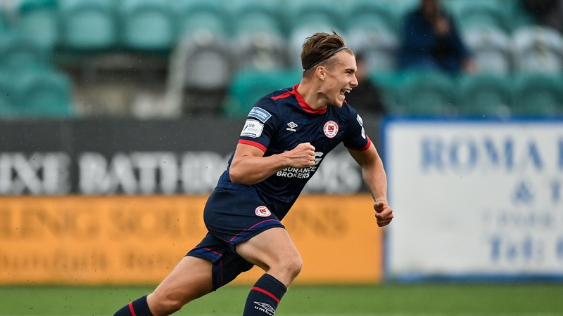 Matty Smiths celebrates the first of his two goals for St Patrick's against Dundalk