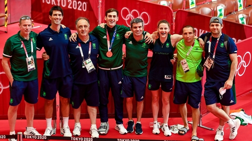 Kevin McManamon (far right) with Aidan Walsh and the rest of the boxing backroom team