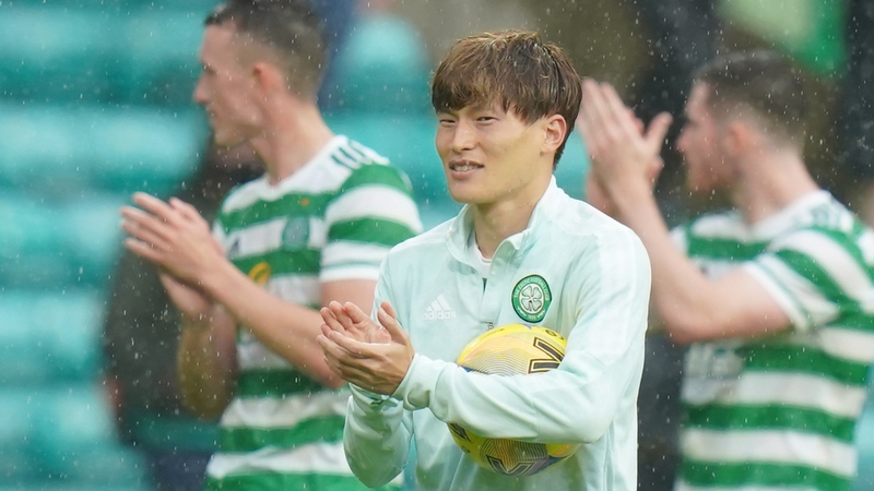 Kyogo Furuhashi with the match ball yesterday at Parkhead