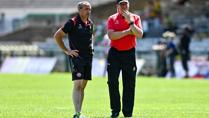 Tyrone joint-managers Brian Dooher (L) and Feargal Logan, who missed the Ulster final win over Monaghan due to Covid
