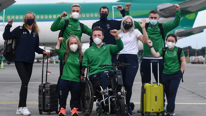 From left: Greta Streimikyte, Jordan Lee, Mary Fitzgerald, Michael McKillop, Colin Judge, Orla Comerford, Jason Smyth and Niamh McCarthy on the runway at Dublin Airport