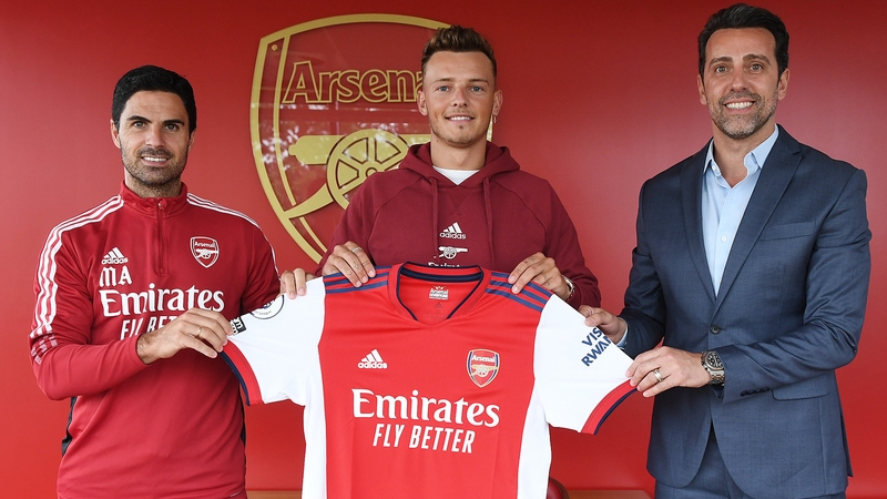 Ben White (C) pictured with Arsenal manager Mikel Arteta (L) and director of football Edu has been the Gunners biggest signing so far this summer
