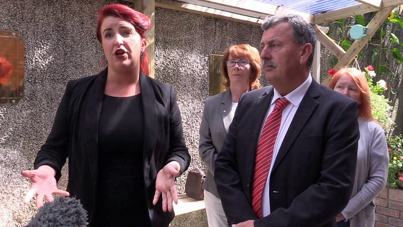 Louise Haigh with relatives bereaved in the Ballymurphy shootings in 1971, John Teggart, Rita Bonner and Eileen McKeown (right) in Belfast today