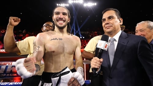 Nico Ali Walsh celebrates in the ring at Hard Rock Hotel & Casino Tulsa in Oklahoma