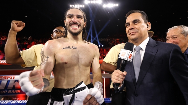 Nico Ali Walsh celebrates in the ring at Hard Rock Hotel & Casino Tulsa in Oklahoma