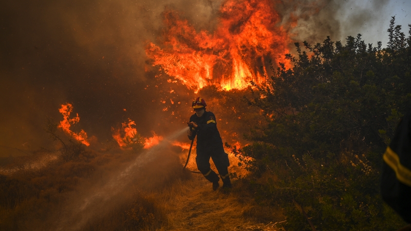 A firefighter uses a water hose to extinguish a fire in the village of Markati, near Athens, today