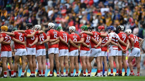 Cork players stand for Amhrán na bhFiann before the semi-final clash with Kilkenny