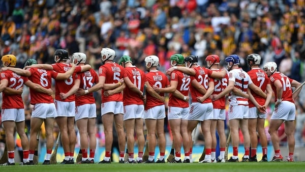 Cork players stand for Amhrán na bhFiann before the semi-final clash with Kilkenny