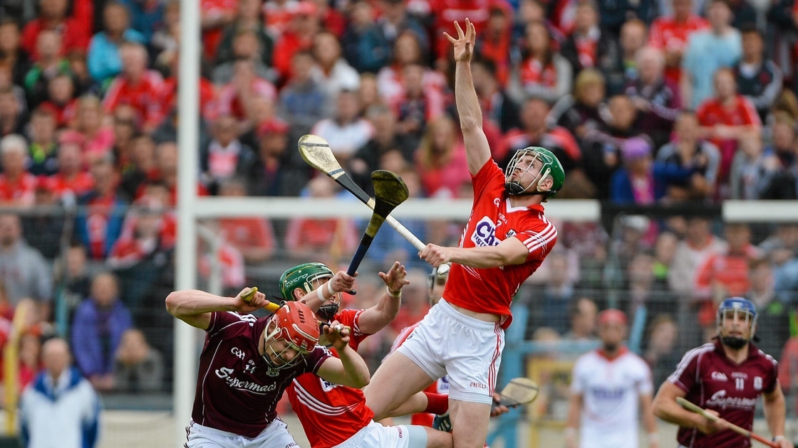 Patrick Horgan catches a ball over Joe Canning during the 2015 All-Ireland quarter-final