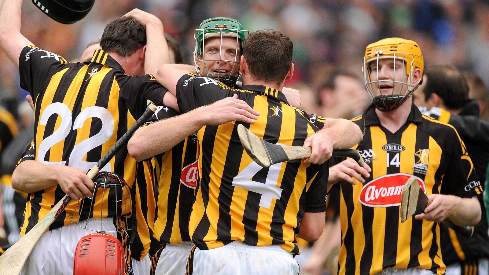 Martin Comerford, Henry Shefflin, Jackie Tyrrell and Richie Power celebrate after Kilkenny won their fourth All-Ireland title in a row in 2009