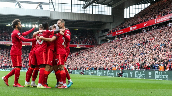 Liverpool celebrate Jota's first-half headed goal