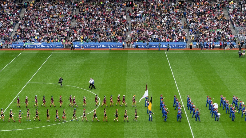 The Artane Band leads Galway and Kilkenny out ahead of the 2019 All-Ireland Camogie final