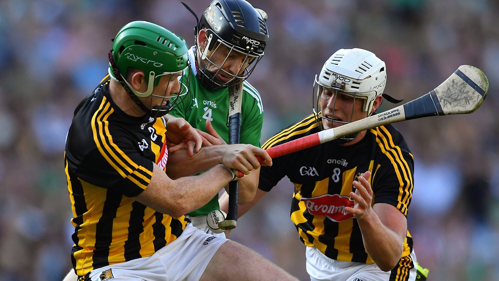 Graeme Mulcahy is tackled by Paul Murphy (L) and Conor Browne in the 2019 All-Ireland semi-final