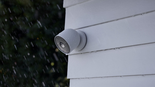 The Nest Cam mounted outside on the magnetic plate