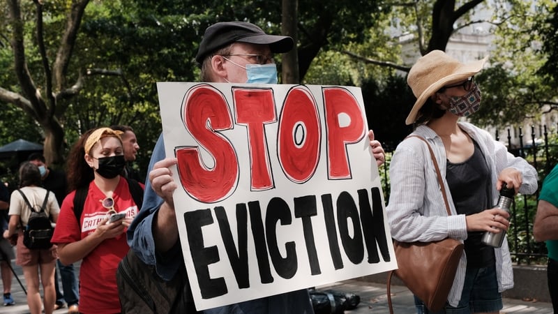Activists hold a protest against evictions near City Hall on 11 in New York City