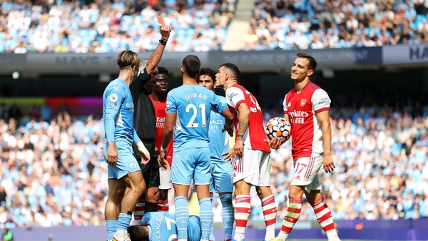 Granit Xhaka's red card against Manchester City in 2021 was one of 15 during Arteta's tenure