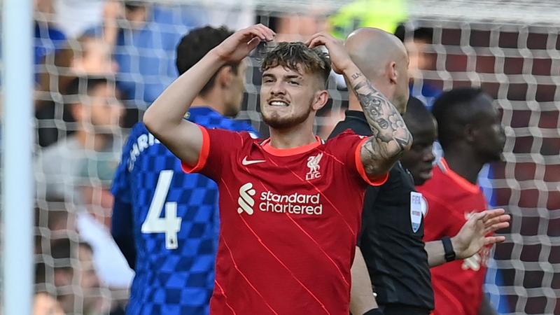 Harvey Elliott reacts after missing a chance against Chelsea