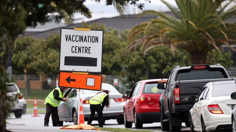 A drive-thru vaccination centre at Trusts Stadium in Henderson, Auckland