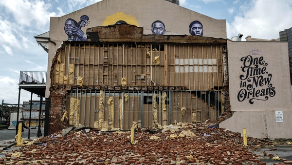A collapsed side of a building in the Central Business District due to winds from Hurricane Ida in New Orleans, Louisiana