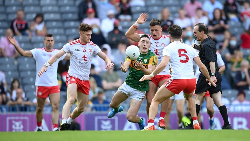 Kerry's Paudie Clifford is closed down by Conor Meyler, Michael McKernan and Tiernan McCann of Tyrone