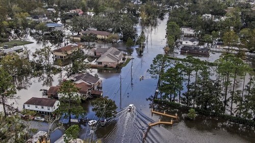 An aerial photo made with a drone shows damage caused by Hurricane Ida in Jean Lafitte, Louisiana