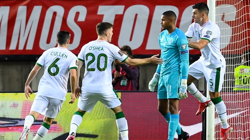Gavin Bazunu is congratulated by his team-mates after saving the Cristiano Ronaldo penalty