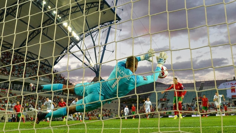Republic of Ireland goalkeeper Gavin Bazunu saves a penalty from Portugal's Cristiano Ronaldo. Bazunu moved from Shamrock Rovers to Manchester City in 2019. Photo: Seb Daly/ Sportsfile