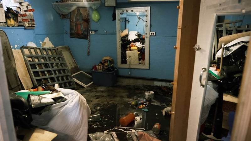 A flooded basement level apartment pictured in a Queens neighbourhood in New York