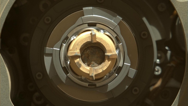 An image released by NASA shows a sample of Mars rock inside the tube shortly after the coring operation