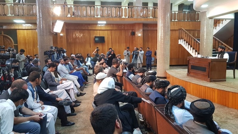 Taliban spokesperson Zabihullah Mujahid holds a press conference in Kabul (Getty)