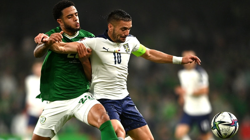 Andrew Omobamidele tracks Dusan Tadic of Serbia