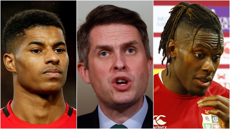 Gavin Williamson (c) told an interviewer he'd met Marcus Rashford (l). His aides later confirmed he'd actually met Maro Itoje (r)