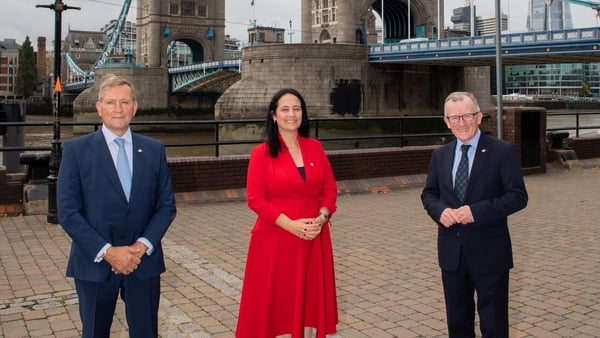 Christopher Brooke, Vice-Chairman of Tourism Ireland; Catherine Martin, Minister for Tourism, Culture, Arts, Gaeltacht, Sport and Media and Niall Gibbons, CEO of Tourism Ireland, in London today