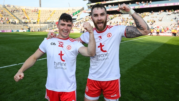 Tyrone's Conor Shields (L) and Ronan McNamee celebrate after beating Kerry