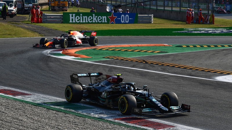 Valtteri Bottas driving ahead of Red Bull's Max Verstappen during the sprint race