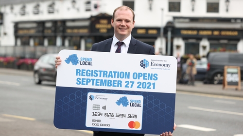 Economy Minister Gordon Lyons launching the high street voucher scheme earlier this year