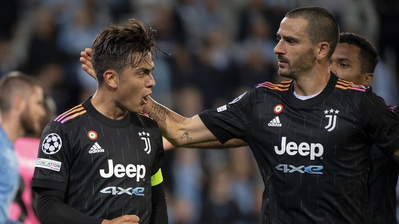 Paulo Dybala and Leonardo Bonucci celebrate Juve's second goal tonight