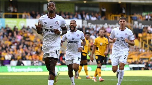 Ivan Toney celebrates opening the scoring from the penalty spot