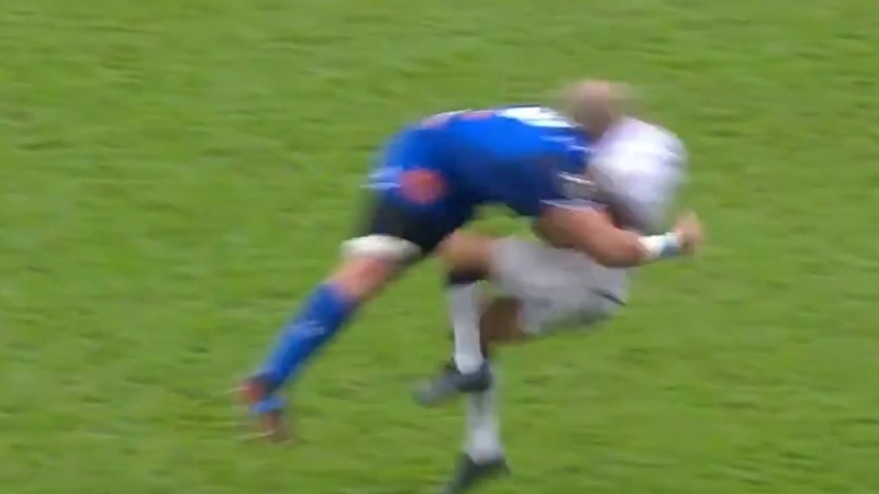 Ryno Pieterse saw red for this tackle on Maxime Lucu