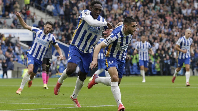 Neal Maupay celebrates scoring the opener with Danny Welbeck
