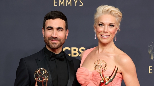 Brett Goldstein and Hannah Waddingham with their Emmy Awards for their performances in Ted Lasso