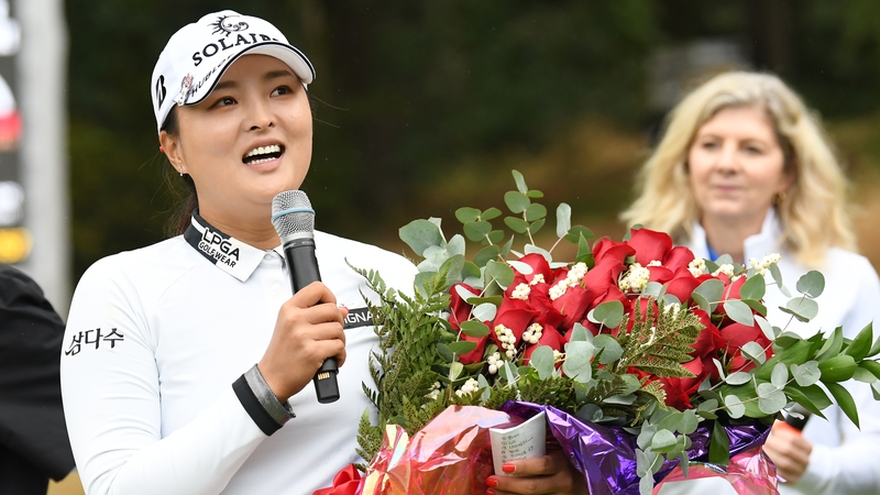 Jin Young Ko addresses the crowd after winning the Cambia Portland Classic