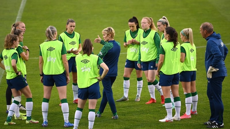 Irish manager Vera Pauw speaks to her players at a training session on Monday