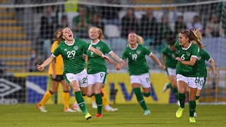 Lucy Quinn, left, celebrates after scoring Ireland's first goal