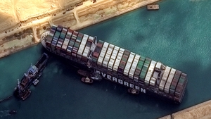 26 March: The Evergreen Container ship as pictured by Maxars WorldView-2 blocking the Suez canal. The container ship remained stuck in the canal north of the city of Suez, Egypt until 29 March.